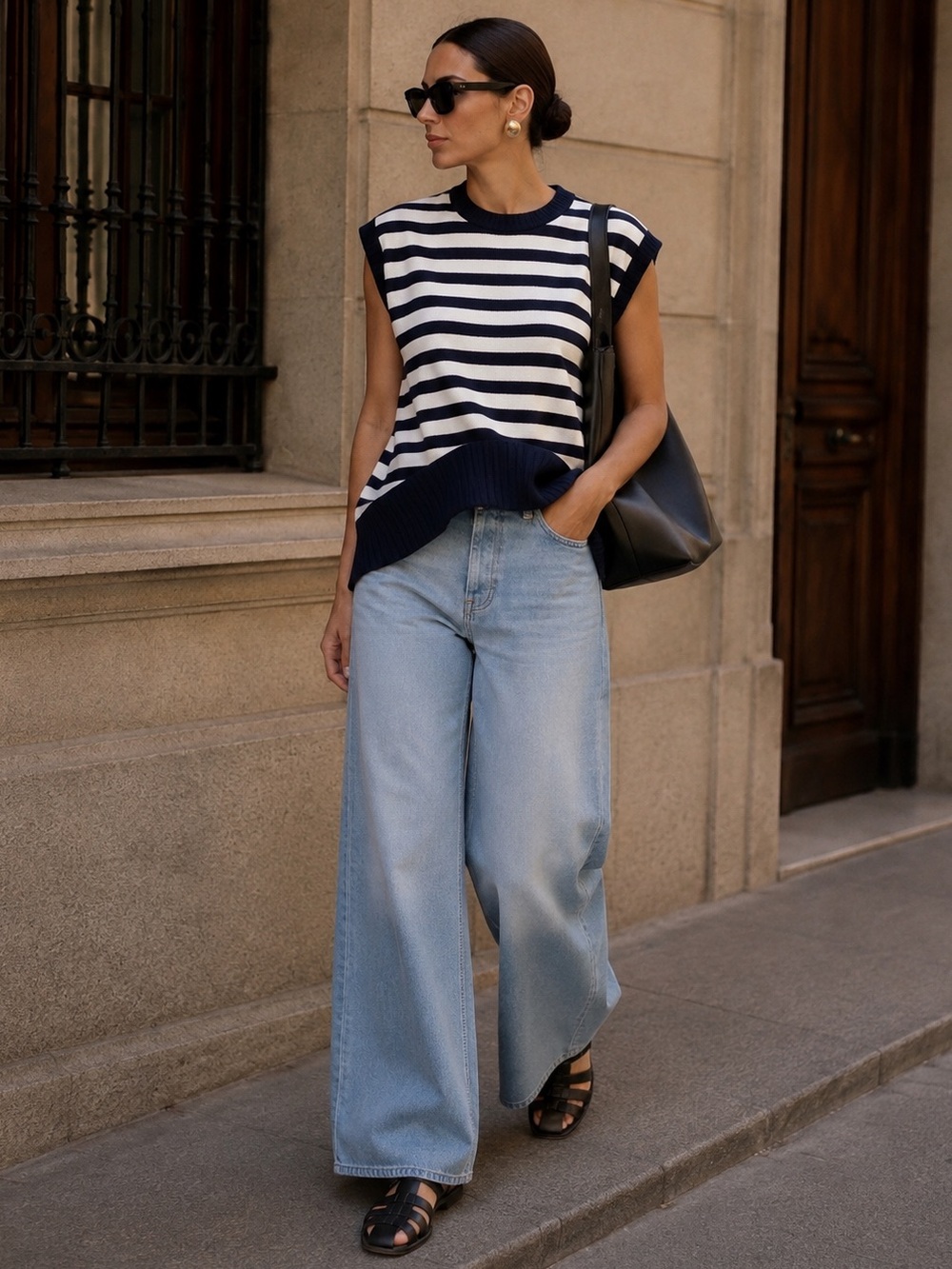 Zara Navy Blue Striped Oversized Knit Vest Asymmetric Hem L NWT